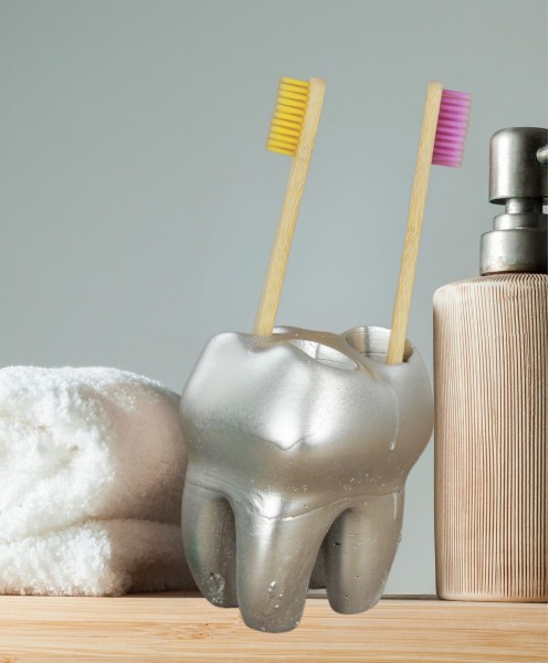 Diş Fırçalığı Tezgah Üstü Gümüş Renk Diş Fırçası Standı Diş Şekilli Model